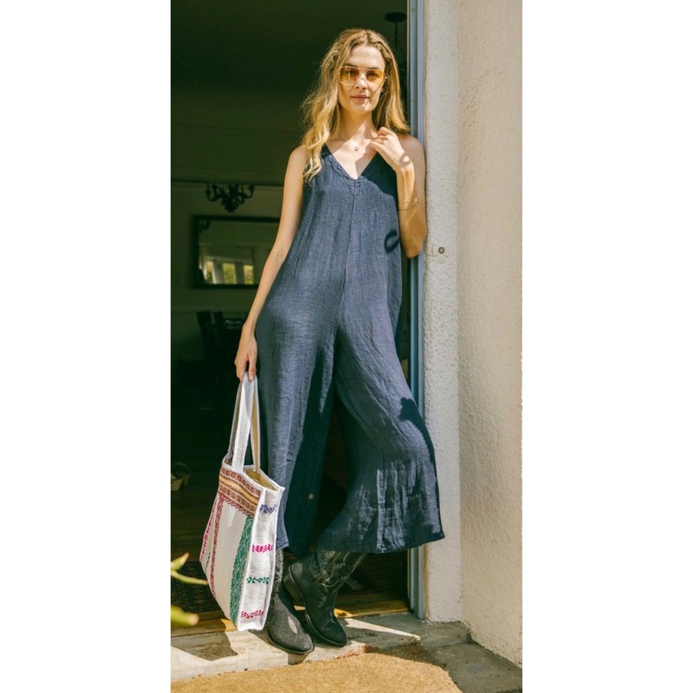 MEO MELI Women's One Size Black 100% Linen Tie Back Wide Leg Jumpsuit Boho